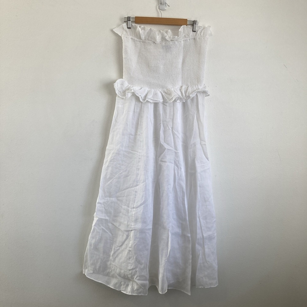 J. Crew Factory White Smocked Strapless Midi Dress with Ruffle Trim